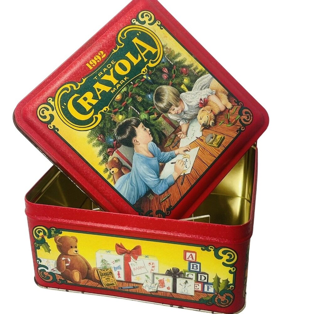 Crayola Tin Holiday Christmas With Lid Gift Box Square Vintage 1992 Tarnished